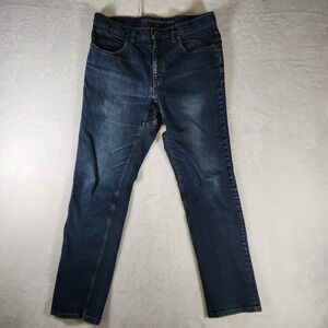 Duluth Trading Co. Flex Weekender Jeans Mens 34x34 Trim Fit Dark Wash Blue Denim